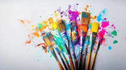 Fototapeta premium A dynamic arrangement of paintbrushes with splashes of bright, colorful paint on a white canvas background