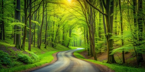 Obraz premium Road winding through lush spring forest with vibrant green trees , spring, forest, road, fresh, green, trees, nature, landscape