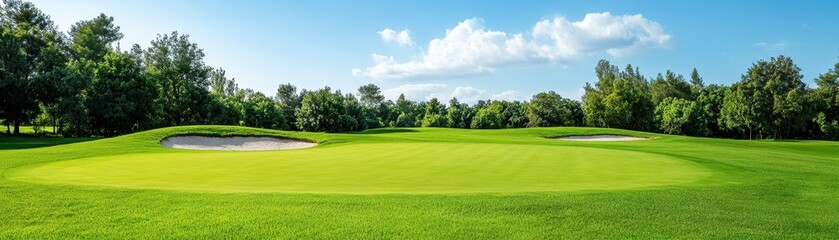 Obraz premium A beautifully manicured golf course featuring lush green grass and sand traps under a bright blue sky.