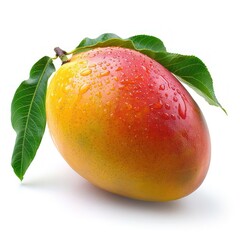 A ripe, fresh mango with a few water droplets hanging from its stem.