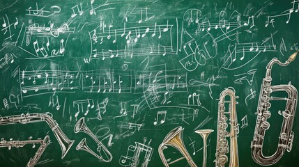 A green chalkboard filled with hand-drawn musical notes and diagrams, with wind instruments in front, capturing a music lesson atmosphere