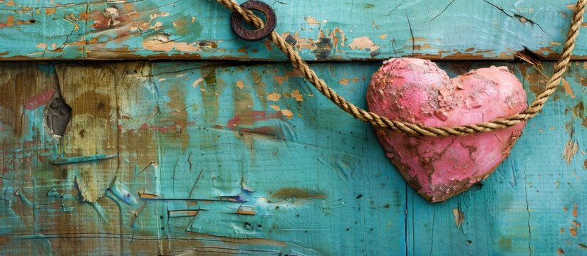 Symbolic love concept with an iron, pink heart, and rope on antique teal blue rustic wood; image perfect for Valentine's Day with assorted textures. image with copy space