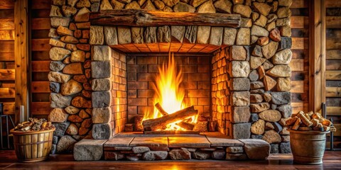 Fototapeta premium Cozy stone fireplace with crackling firewood burning , home, interior, warmth, rustic, cabin, hearth, cozy, comfort
