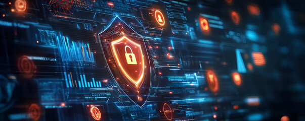 Man hand using cybersecurity interface, AI	
