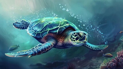 Fototapeta premium Green Sea Turtle Swimming Underwater.