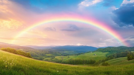 Naklejka premium A rainbow stretching across a peaceful countryside, with green grass and rolling hills below, creating a picturesque scene