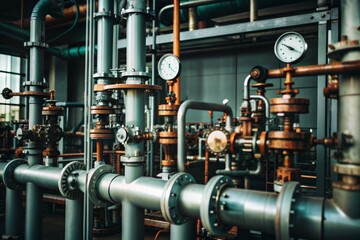 Obraz premium A large industrial pipe system with many valves and gauges
