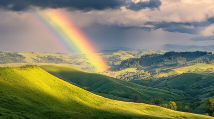 Obraz premium A rainbow stretching across a peaceful countryside, with green grass and rolling hills below, creating a picturesque scene
