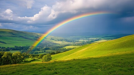Fototapeta premium A rainbow stretching across a peaceful countryside, with green grass and rolling hills below, creating a picturesque scene