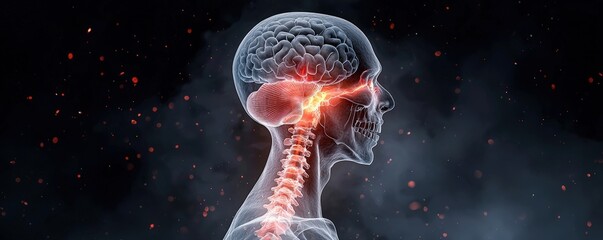 A detailed illustration of a human brain and spinal cord highlighting neural connections and potential pathways.