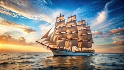 Vintage windjammer sailing on the open sea with full sails, sailboat, windjammer, vintage, traditional, ship, sailing, sea