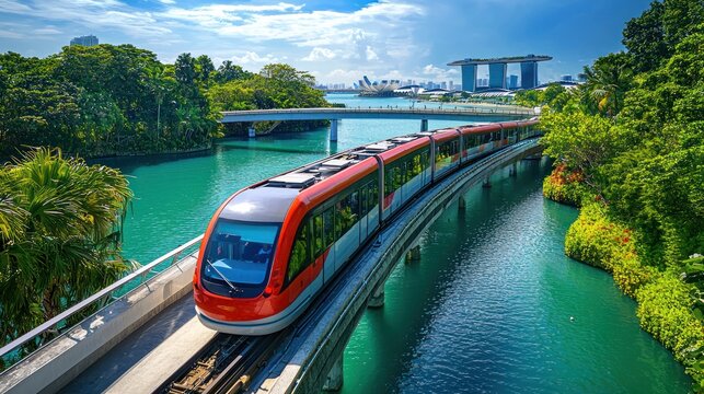 SINGAPORE CITY, SINGAPORE - MARCH 12, 2024: Sentosa Express monorail public transportation on Sentosa island in Singapore.