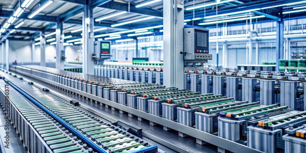 Poster artificial intelligence machine inspecting lithium battery production in factory, ai, technology