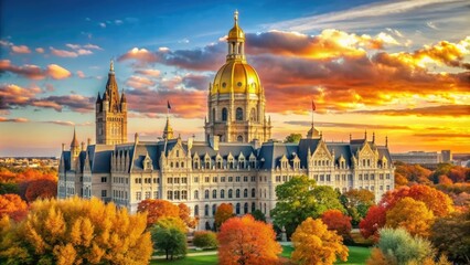 Obraz premium The Connecticut State Capitol building stands proudly in Hartford, its gold--domed roof and historic clock tower surrounded by vibrant fall foliage in warm autumn light.