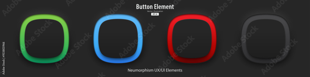 Poster A set of black blank square buttons with light neon colors. Show on and off status. 3D Neumorphism buttons design style for Apps, Websites, Interfaces, and apps. UI UX. Vector illustration.