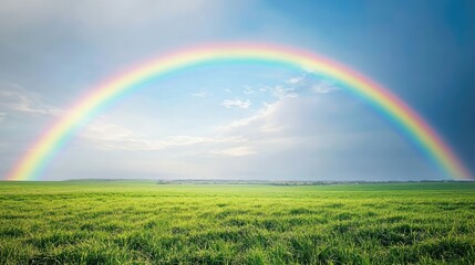 Obraz premium A vivid rainbow arcing above a sprawling green field, with a soft blue sky, representing natural beauty