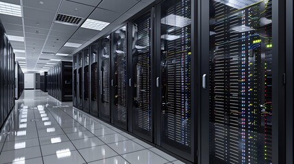 Naklejka premium Connection network in servers data center room storage systems 3D rendering. 