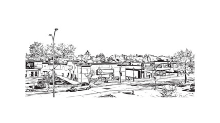 Building view with landmark of Steinbach is the third largest city in Canada. Hand drawn sketch illustration in vector. 