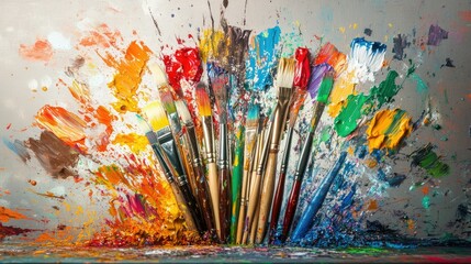 Obraz premium An explosion of colors from paintbrushes, with splashes of paint on a neutral background, representing artistic expression