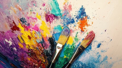 Obraz premium An explosion of colors from paintbrushes, with splashes of paint on a neutral background, representing artistic expression