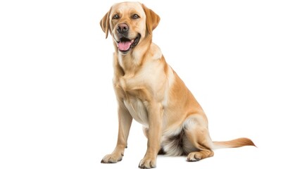 Obraz premium Happy Labrador Retriever sitting on a white background.