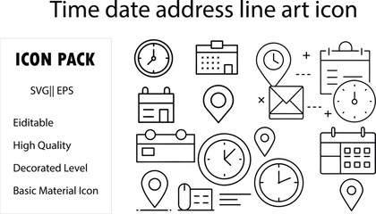 Time, date and address line icon set. Clock, calendar, location pin. Editable stroke. Vector illustration.