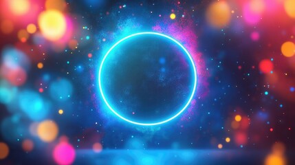 Naklejka premium Central neon blue circle, illuminating an array of vibrant colors in a modern, abstract background.