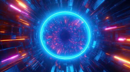 Obraz premium Central neon blue circle, illuminating an array of vibrant colors in a modern, abstract background.
