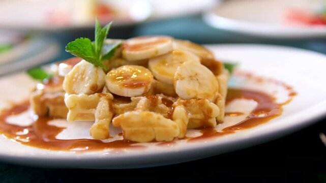 Breakfast eggs benedict cheesecakes and waffles. Breakfast at luxury hotels