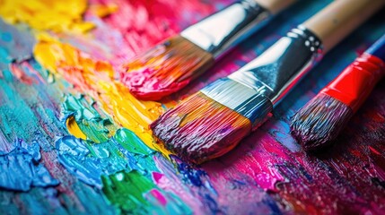 Obraz premium Close-up of paintbrushes dipped in various vivid colors, with paint splatters around, showing creativity in action