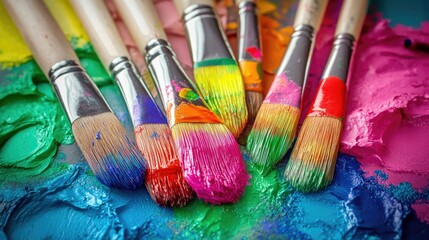 Fototapeta premium Close-up of paintbrushes dipped in various vivid colors, with paint splatters around, showing creativity in action