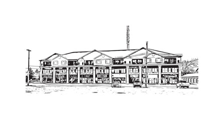 Building view with landmark of Steinbach is the third largest city in Canada. Hand drawn sketch illustration in vector. 