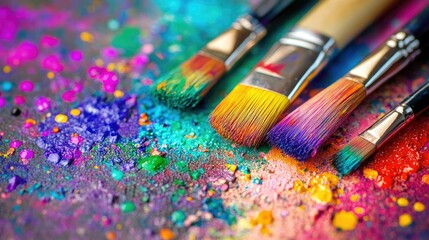 Close-up of paintbrushes dipped in various vivid colors, with paint splatters around, showing creativity in action