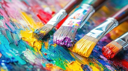 Close-up of paintbrushes dipped in various vivid colors, with paint splatters around, showing creativity in action
