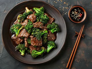 Beef with Broccoli. The most popular Chinese dishes. A popular stir-fry dish featuring tender beef slices and broccoli in a savory sauce.