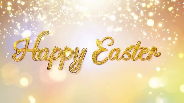 Sparkling happy easter greeting in gold and silver glitter on a soft focus pastel background provides plenty of copy space for your easter message