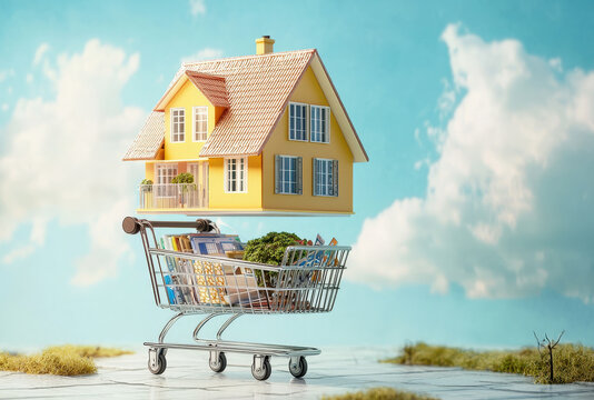 Fondo en 3D abstracto de carro de compra con productos y sobre el mismo una casita de dos  plantas en color amarillo, sobre fondo de cielo azul con nubes blancas. Concepto compra de vivienda y enseres