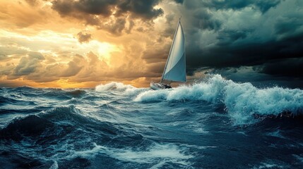 Dynamic ocean waves crashing against a sailboat, with a dramatic sky adding tension to the scene.