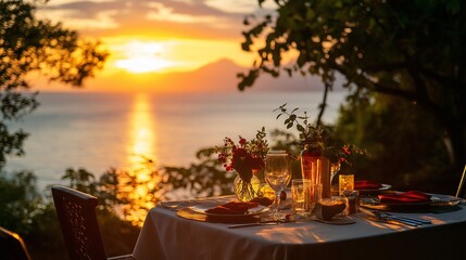 Elegant glamour table setting outdoor, sea background