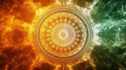 Fototapeta premium Glowing Ashoka Wheel centered on a background of saffron, white, and green, representing the spirit of Indian Independence Day.