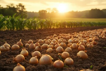 Fototapeta premium A field of freshly harvested onions lies on the soil, with a beautiful sunset in the background, showcasing a peaceful rural landscape