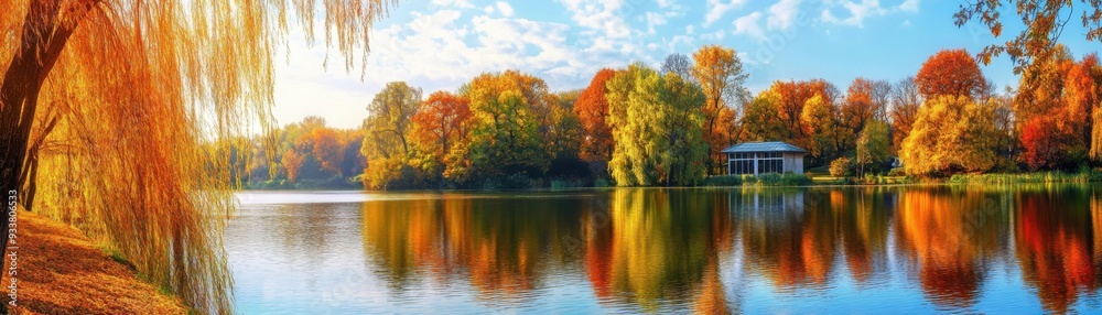 Poster Beautiful autumn scenery with trees, a lake, and a pavilion under a clear blue sky.