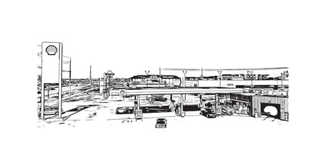Obraz premium Building view with landmark of Steinbach is the third largest city in Canada. Hand drawn sketch illustration in vector. 