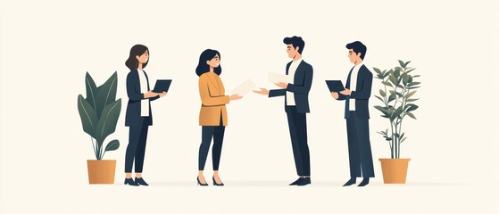 A group of four professionals engages in a discussion, exchanging documents and using tablets, set in a modern office environment with plants