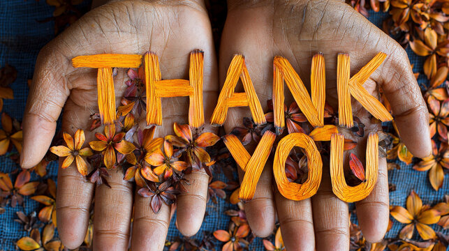 Floral thank you display with hands on blue background