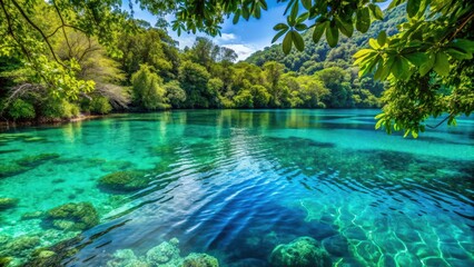 Crystal clear blue water with a background of lush green leaves, , clean, water, blue, green, natural, leaves, foliage