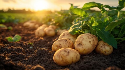 Freshly harvested potatoes resting in rich soil, illuminated by the golden light of the setting sun, showcasing the beauty of agricultural produce
