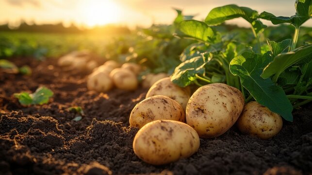 Freshly harvested potatoes resting in rich soil, illuminated by the golden light of the setting sun, showcasing the beauty of agricultural produce