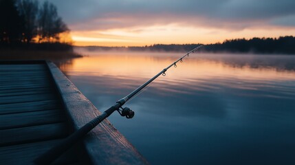 black fishing rod leaning against a railing on a lake pier