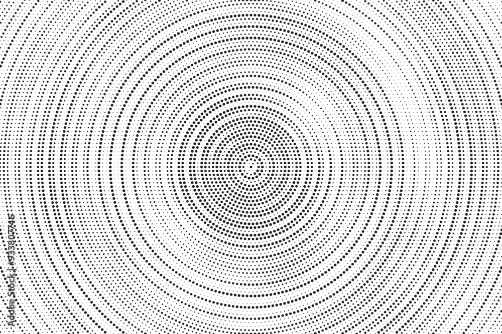 Aufkleber Radial halftone gradient background. Dotted concentric texture with fading effect. Black and white circle shade wallpaper. Grunge rough vector. Monochrome backdrop